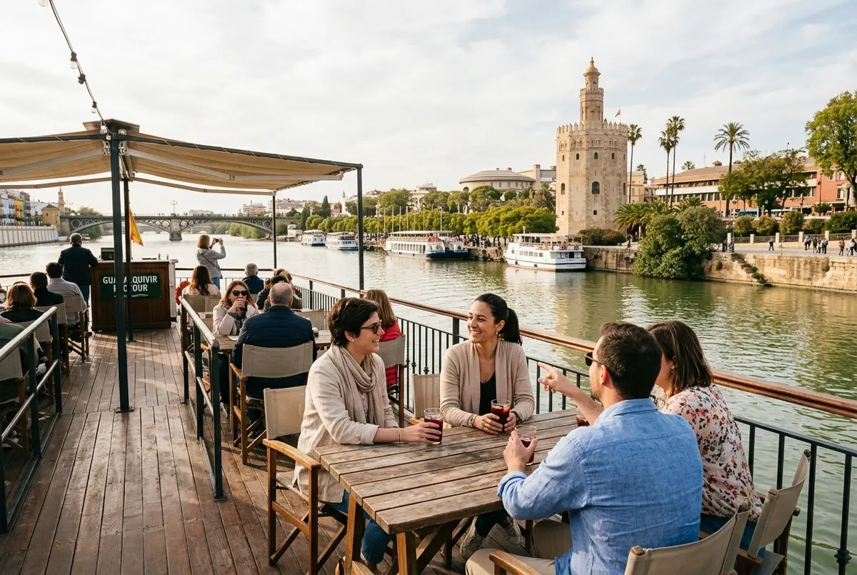 Comfortable spring afternoon on a Guadalquivir river cruise deck in Seville with mild light and no harsh summer glare, best season for seville river cruise scene