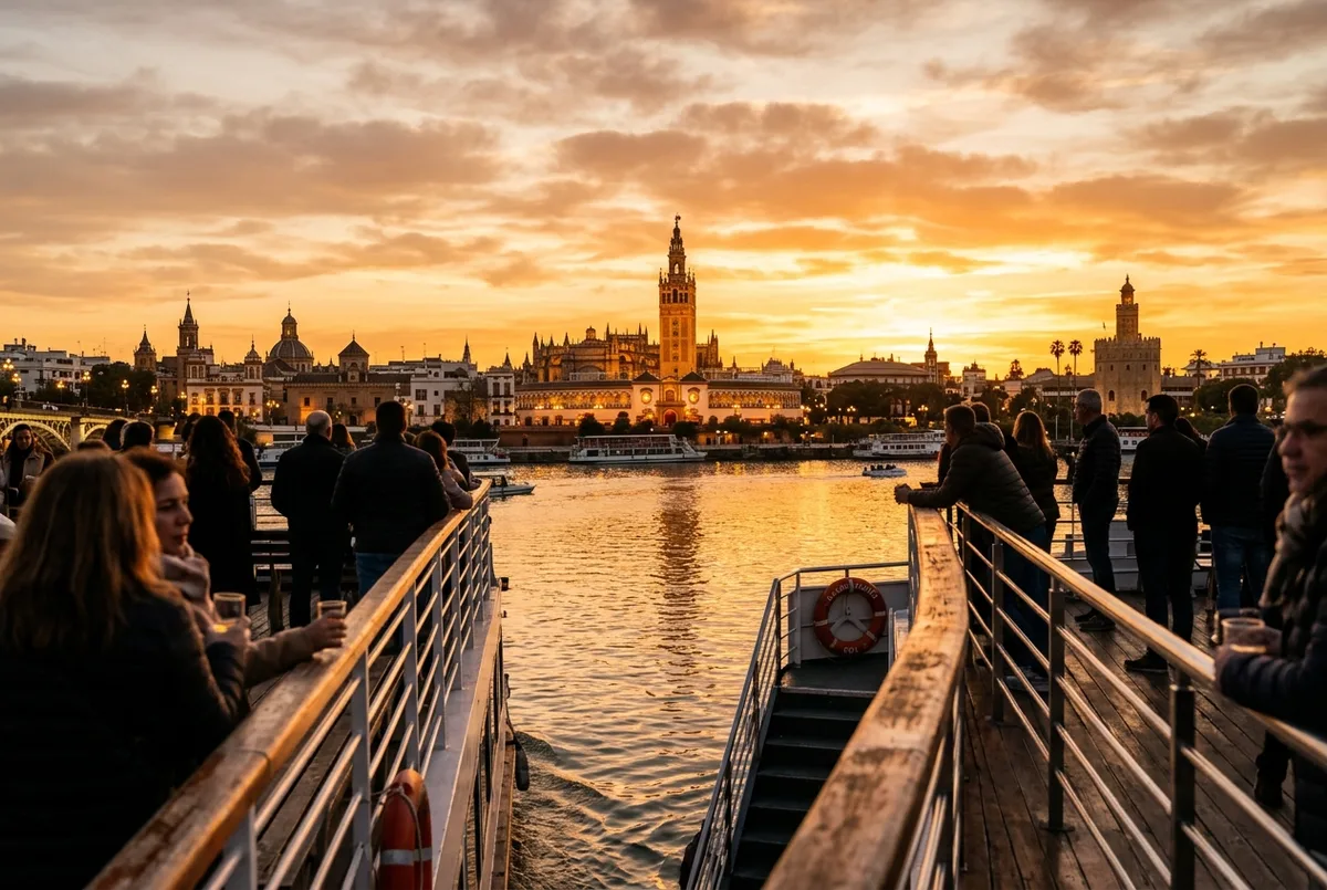 Golden hour sunset view from a Guadalquivir river cruise boat deck in Seville with the city skyline glowing orange, best time for seville river cruise scene