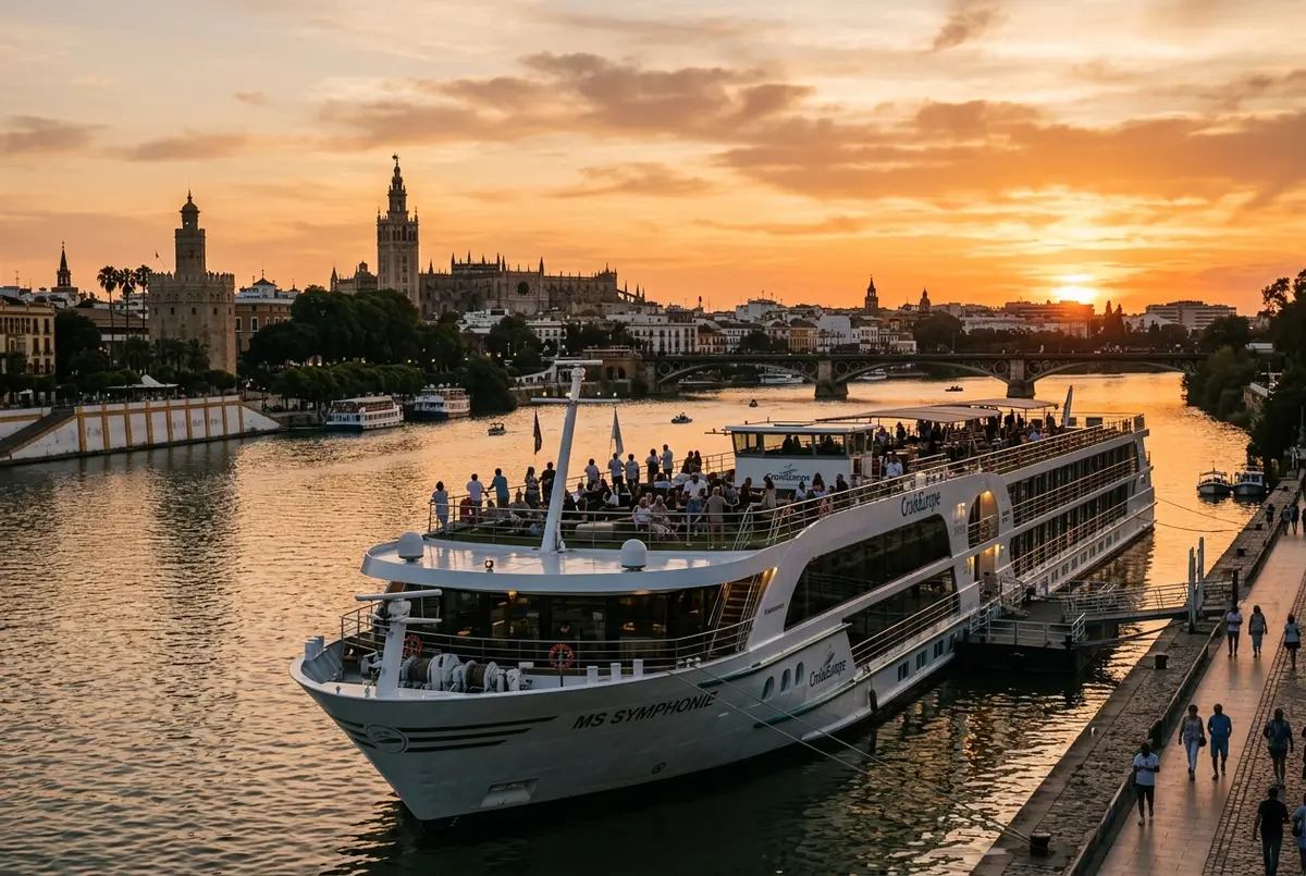 Grand bateau de croisière fluviale moderne amarré sur le Guadalquivir à Séville au coucher du soleil, passagers sur le pont supérieur, scène de croisière sur le guadalquivir avec croisieurope