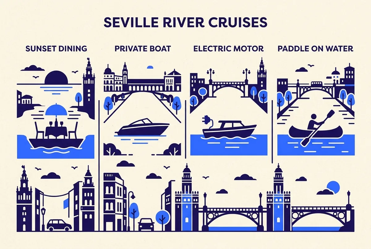 Four simple icon categories side by side labeled sunset dining, private boat, electric motor and paddle on water, clean minimal infographic style, no prices or statistics, seville river cruise experiences comparison