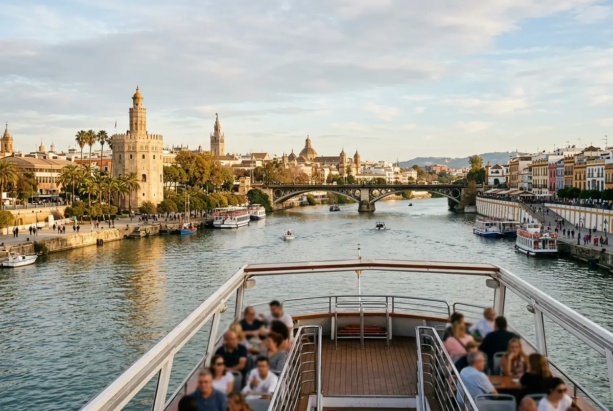 Panoramic view from a sightseeing boat on the Guadalquivir river in Seville with the golden Torre del Oro watchtower, the Triana bridges and the riverside skyline all visible in warm afternoon light, guadalquivir river landmarks scene