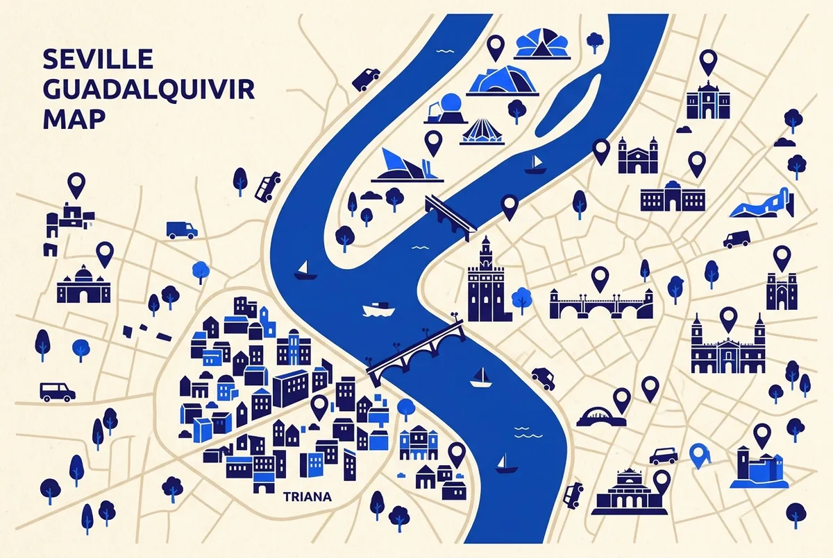 Simple illustrated map of the Guadalquivir river through Seville marking the Torre del Oro, Triana, the historic bridges and the Expo 92 pavilions with generic pin labels, clean minimal map style, no prices or statistics, guadalquivir river landmarks map