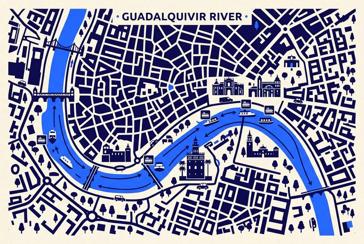 Map of the Guadalquivir River cruise route and boat tour docks in Seville