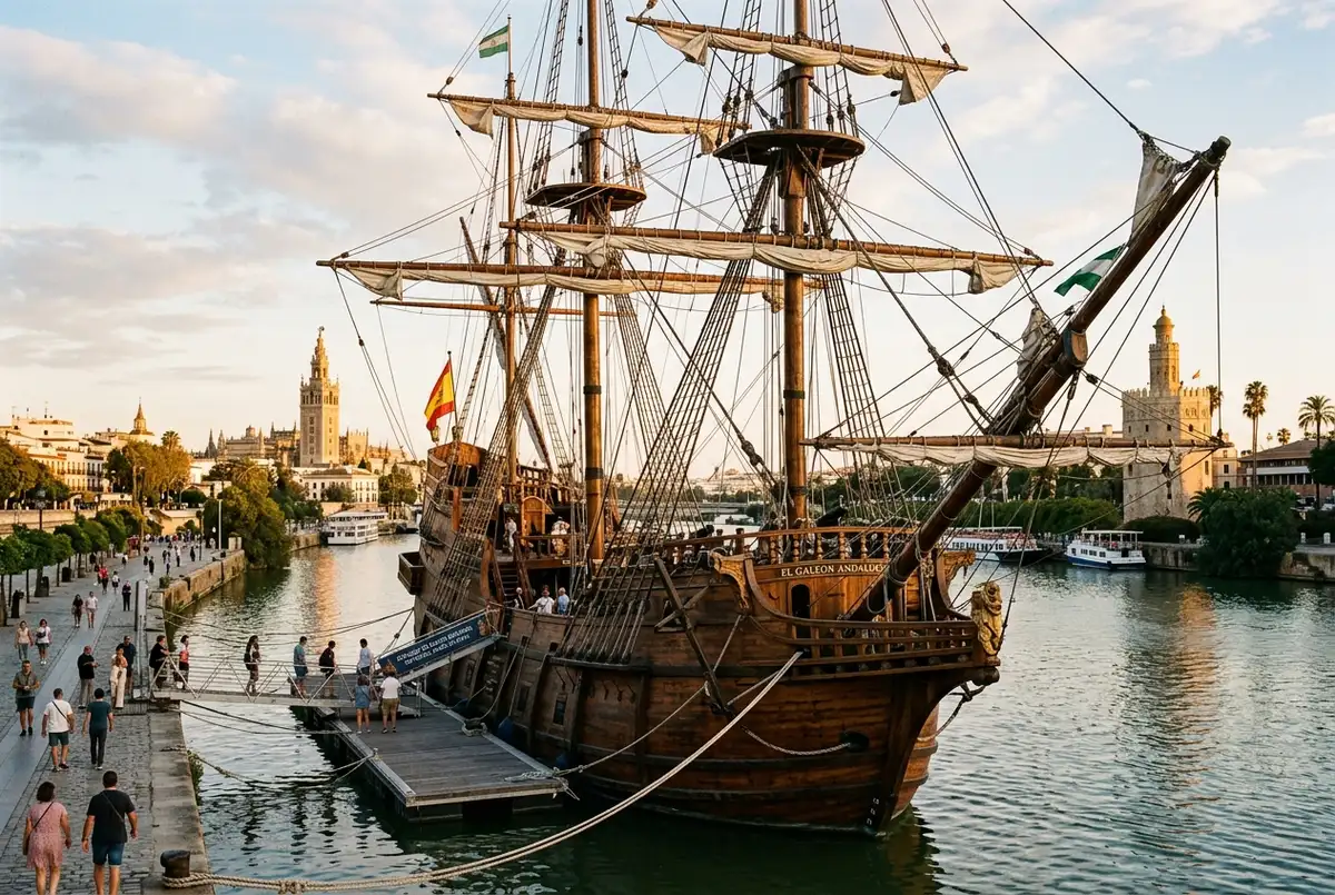 Réplique de galion espagnol du seizième siècle amarrée en musée flottant sur le Guadalquivir à Séville, mâts et gréage visibles, lumière douce de fin d'après midi, bateau magellan seville scène