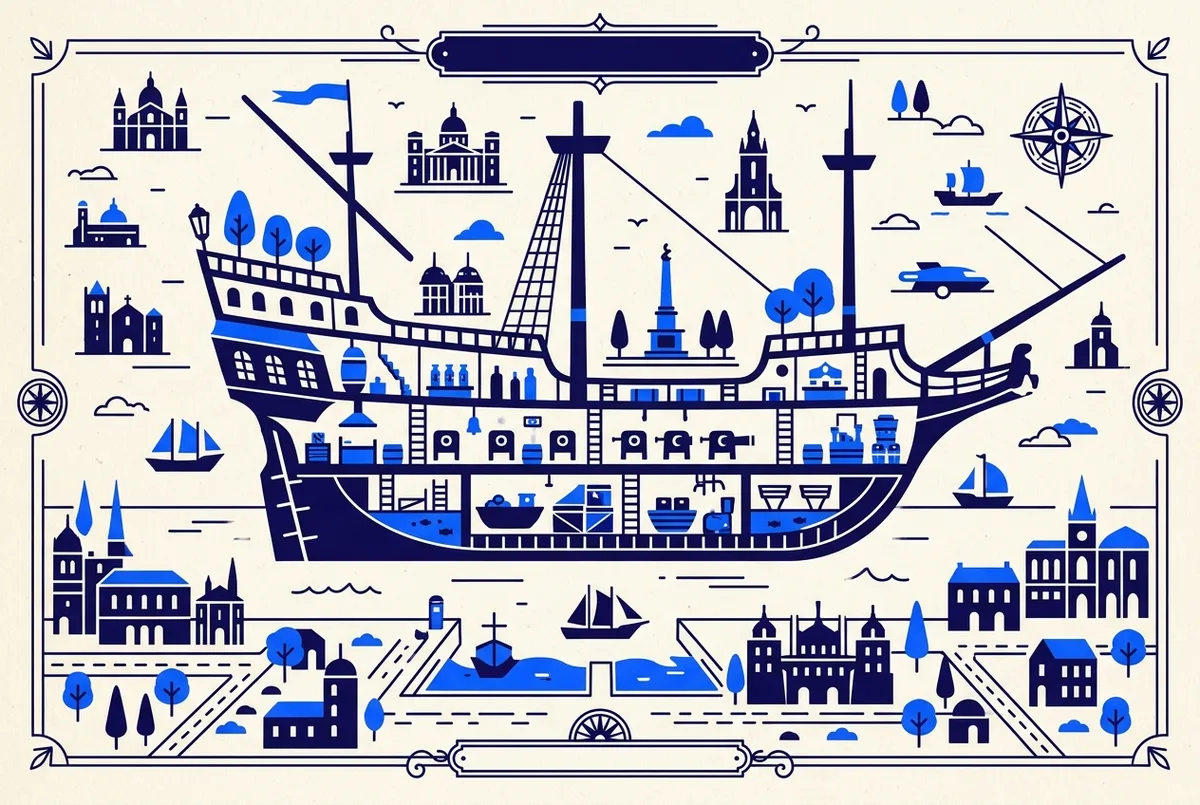 Illustration simple en coupe d'un galion historique montrant ses différents ponts avec des étiquettes génériques de zones, style infographie minimaliste et propre, sans chiffres ni statistiques, schéma bateau magellan seville