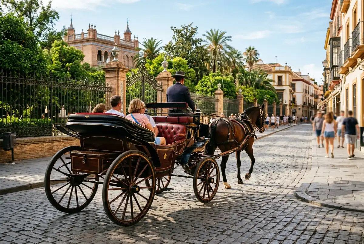 Calesa tradicional tirada por un caballo recorriendo una calle empedrada junto al Parque de Maria Luisa en Sevilla en una tarde soleada, escena paseo en calesa sevilla