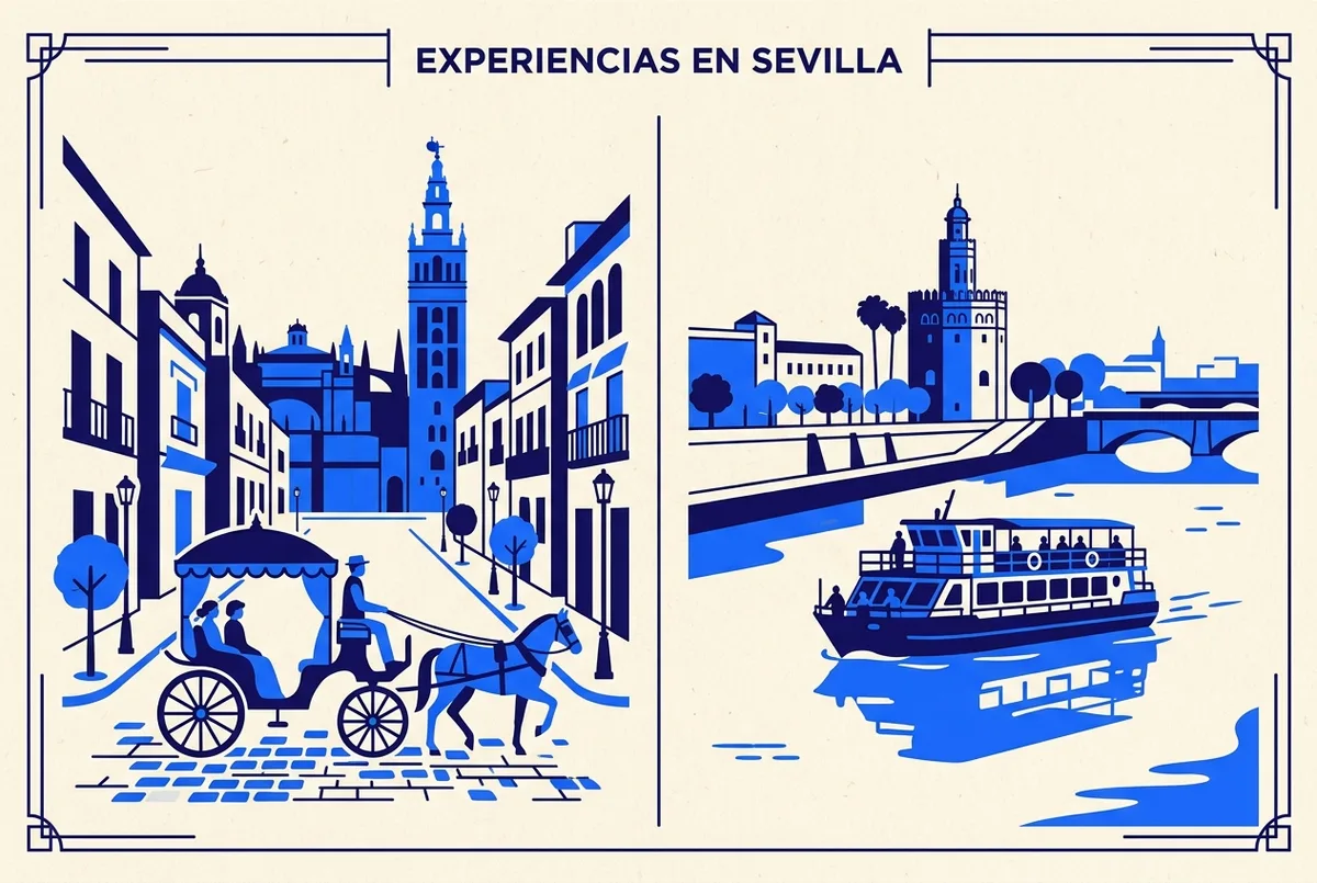 Comparacion ilustrada de dos paneles mostrando una calesa tradicional en una calle del centro de Sevilla junto a un barco turistico navegando el Guadalquivir, solo etiquetas genericas sin precios ni estadisticas, estilo ilustrativo minimalista, comparacion paseo en calesa sevilla y paseo en barco