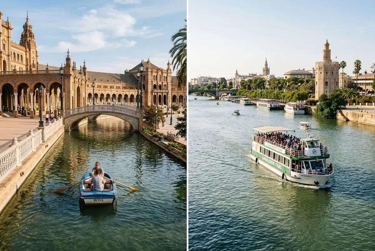 Confronto affiancato tra una piccola barca a remi nel fossato del parco di Plaza de España a Siviglia e una barca turistica più grande che naviga sul vero fiume Guadalquivir, luce intensa di pomeriggio, scena giro in barca plaza de españa siviglia
