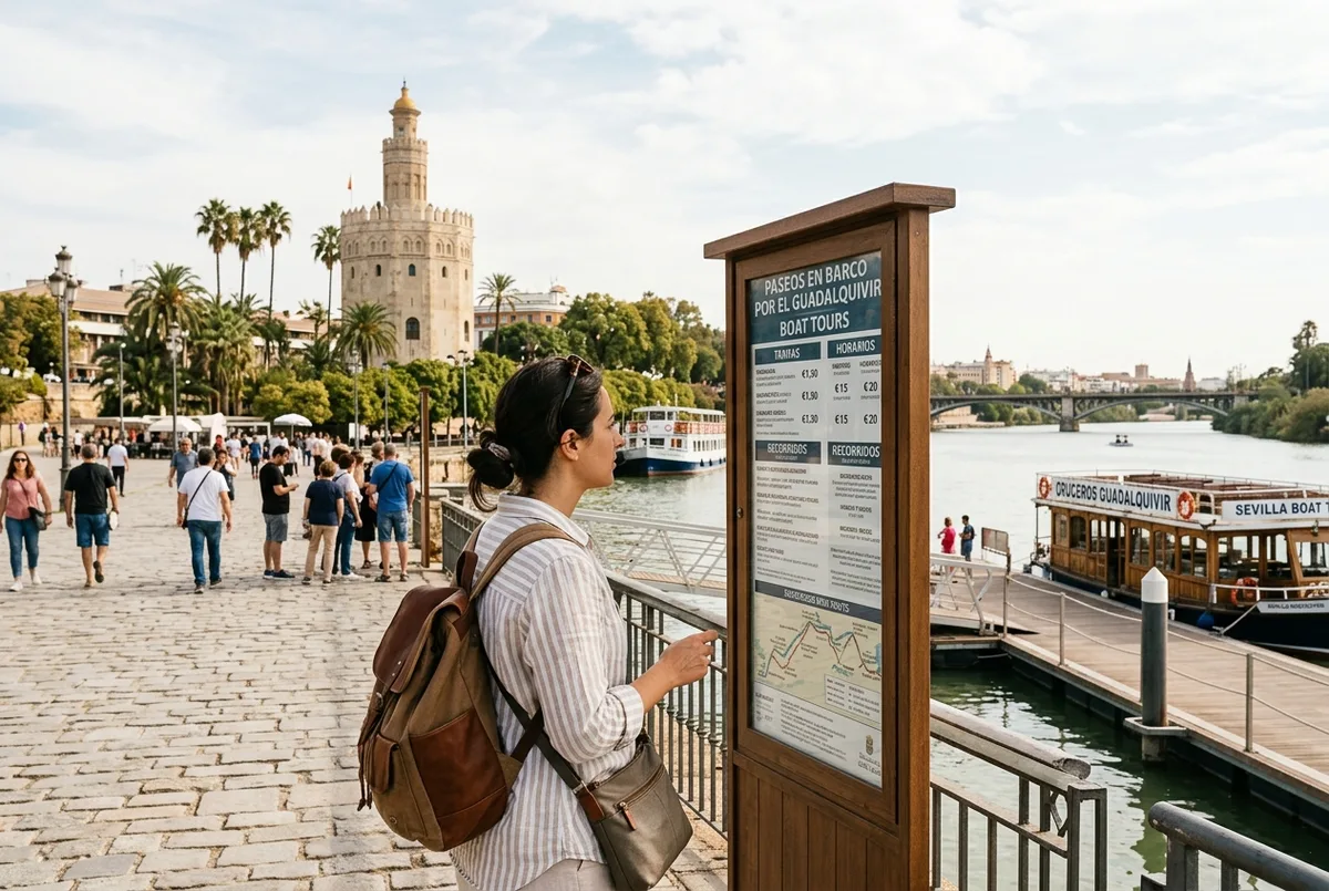 Touriste consultant le prix d'une croisière sur le Guadalquivir sur un panneau pres du quai d'embarquement proche de la Torre del Oro a Seville, lumiere du matin, ambiance realiste, prix croisiere guadalquivir seville