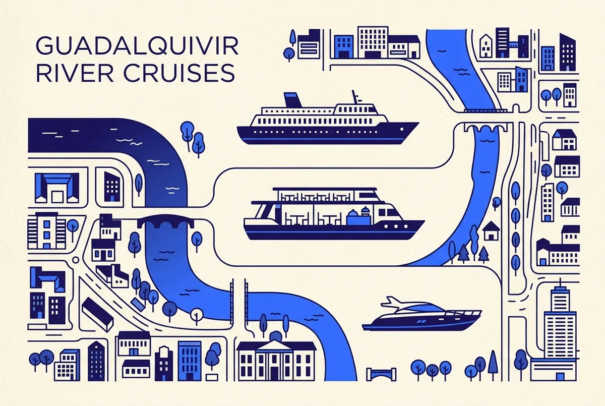 Tableau infographique simple comparant des icônes génériques de prix croissant pour différents types de bateaux sur le Guadalquivir, style illustration minimaliste et propre, sans chiffres réels ni statistiques, infographie prix croisiere guadalquivir seville