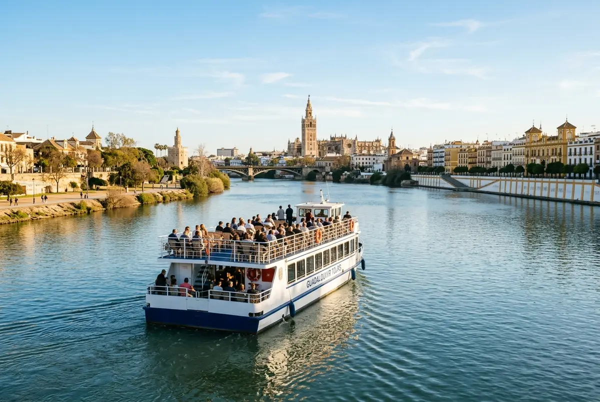 Calm wide shot of a sightseeing river cruise boat gliding down the Guadalquivir in Seville under clear afternoon light, passengers seated comfortably on deck, are river cruises safe scene
