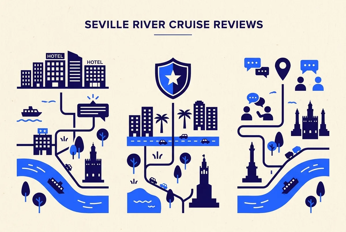 Infographie simple montrant trois icônes génériques représentant une plateforme de réservation, un site d'avis indépendant et un forum de voyageurs, style illustration minimaliste et propre, sans chiffres ni statistiques, comparaison avis croisiere guadalquivir seville