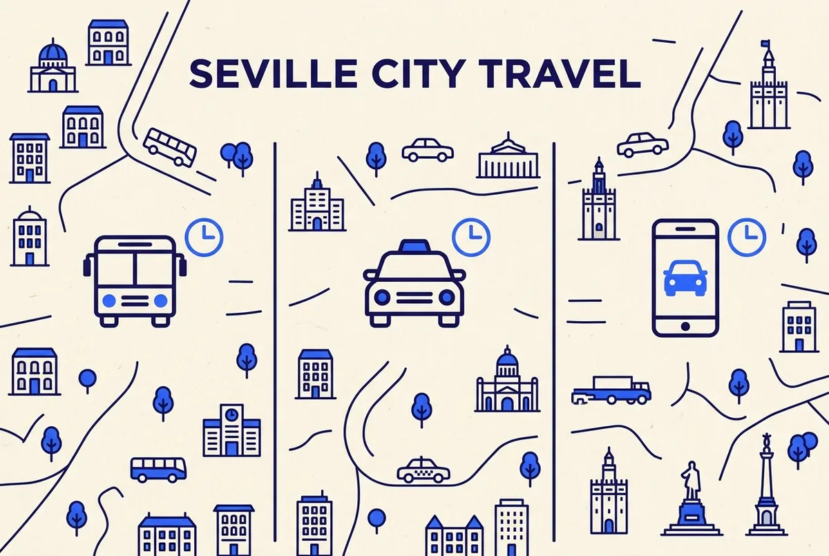 Simple infographic comparing seville airport to city centre travel options: a bus icon, a taxi icon and a rideshare icon each paired with a small clock symbol, clean minimal style, no prices or statistics