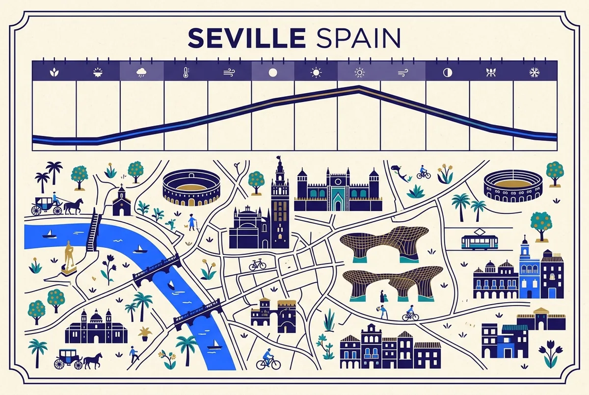 Simple month by month climate chart for Seville showing temperature trend lines rising through summer and dipping in spring and autumn, clean minimal infographic style, no prices
