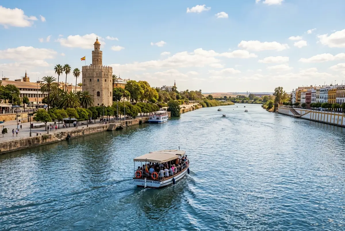 Barco turistico navegando por el Guadalquivir en Sevilla junto a la Torre del Oro al mediodia, con el rio abierto extendiendose hacia el horizonte, escena crucero sevilla sanlucar