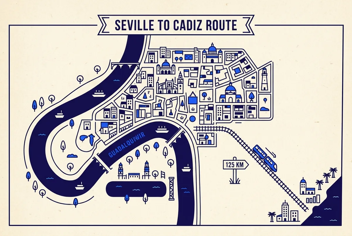 Mapa de ruta sencillo que muestra el rio Guadalquivir formando un bucle por el centro de Sevilla, separado de una linea de tren que va hacia el sur hasta Cadiz, con una etiqueta de distancia en la ruta del tren, estilo minimalista limpio, sin precios