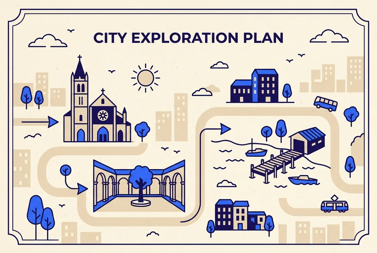 Simple infographic showing generic icons for a cathedral tower, a cloister courtyard and a riverside dock labeled as a morning and afternoon plan, clean minimal illustration style, no prices