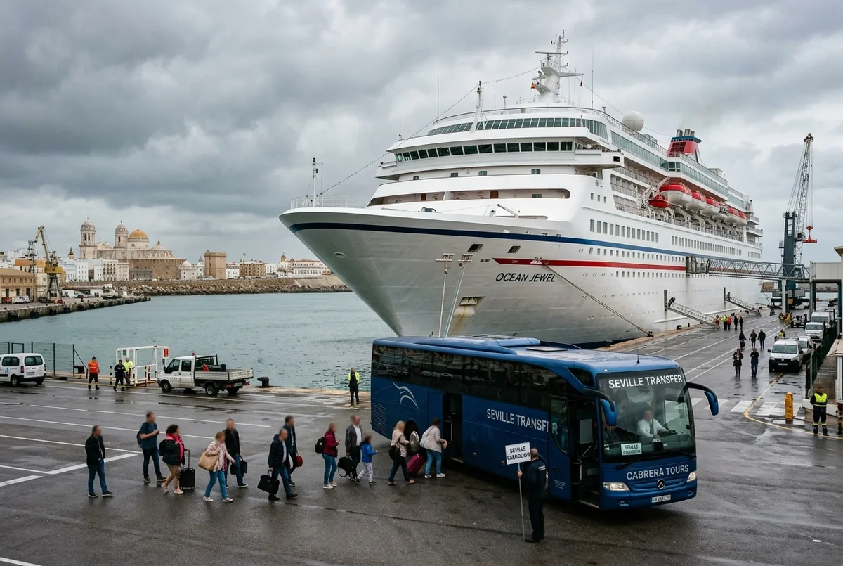 Large ocean cruise ship docked at a coastal terminal near Cadiz with a tour bus waiting nearby for the transfer into Seville, overcast harbor scene