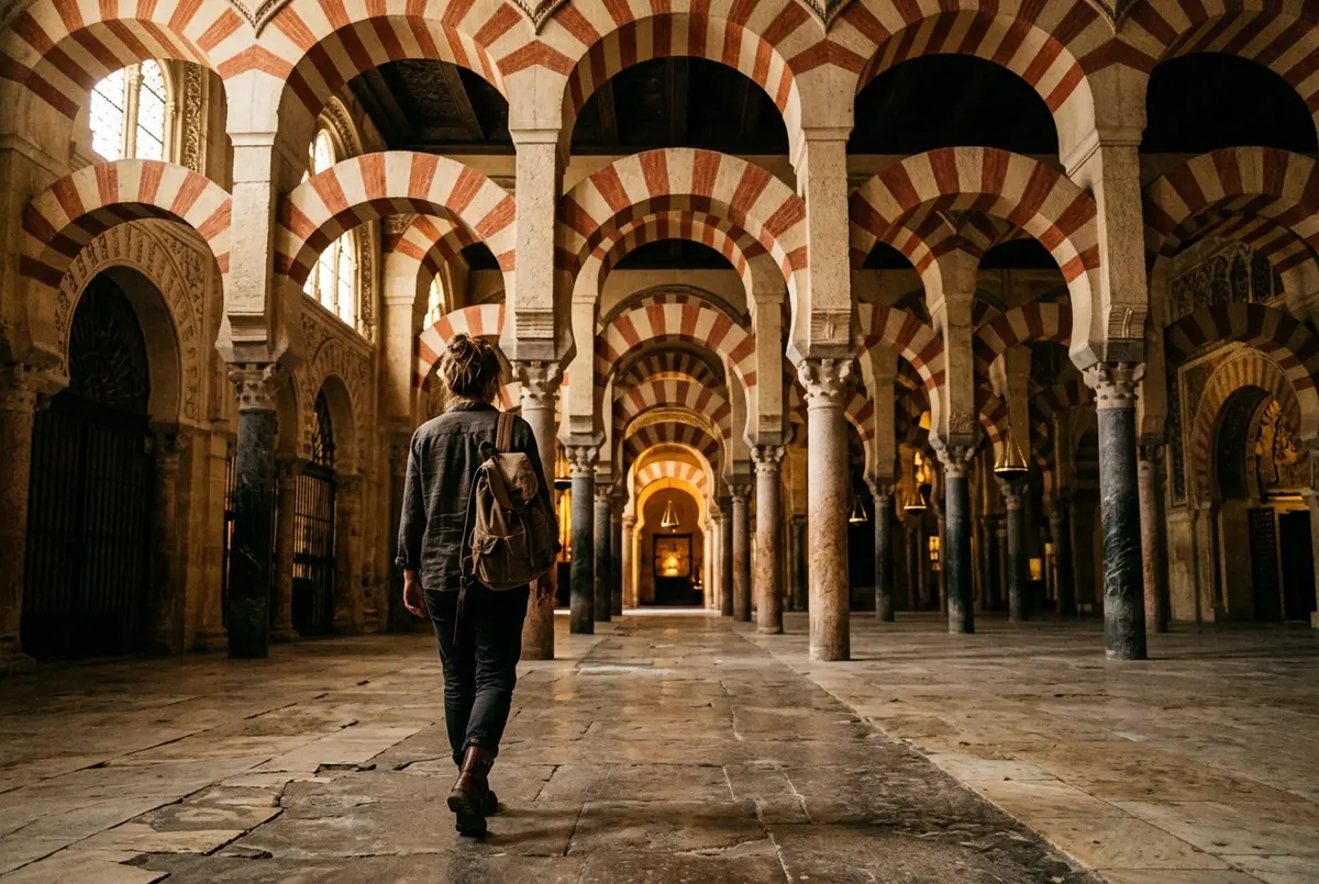 Traveler walking toward the horseshoe arches inside Córdoba's Mezquita Cathedral on an early morning seville day trip to cordoba, warm stone light, no crowds yet