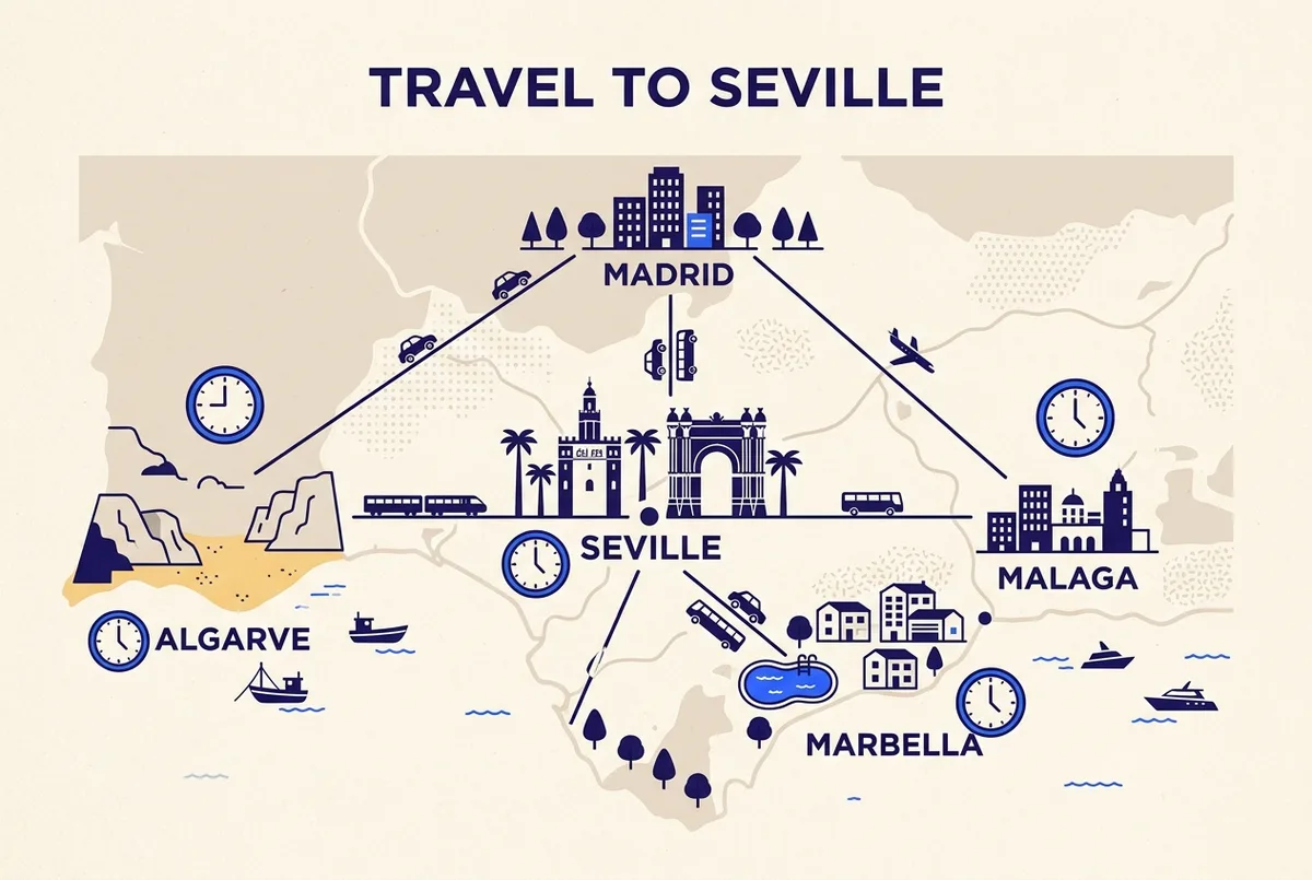 Simple infographic comparing approximate one way travel time to Seville from Madrid, Malaga, the Algarve and Marbella with a clock icon per city, clean minimal style, no prices