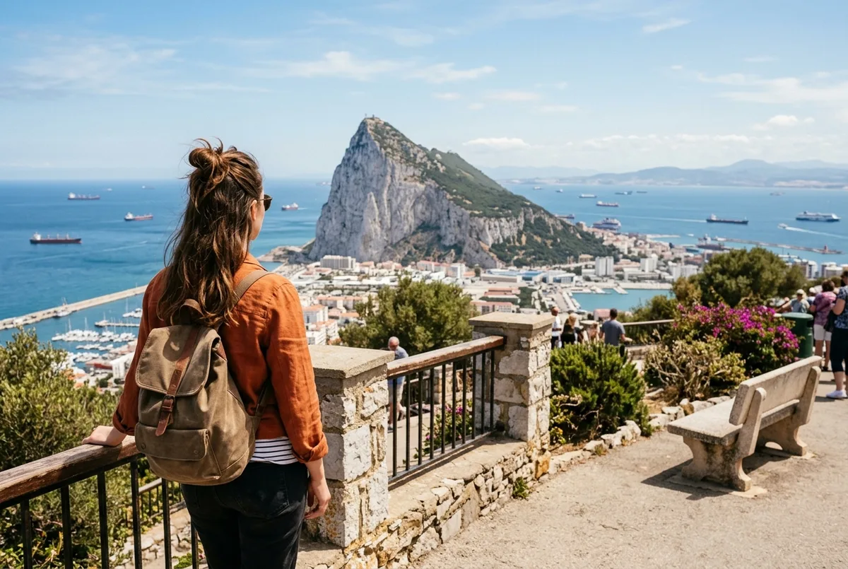 Traveler at a viewpoint with the Rock of Gibraltar rising in the background and the strait visible beyond, midday light, seville day trip to gibraltar