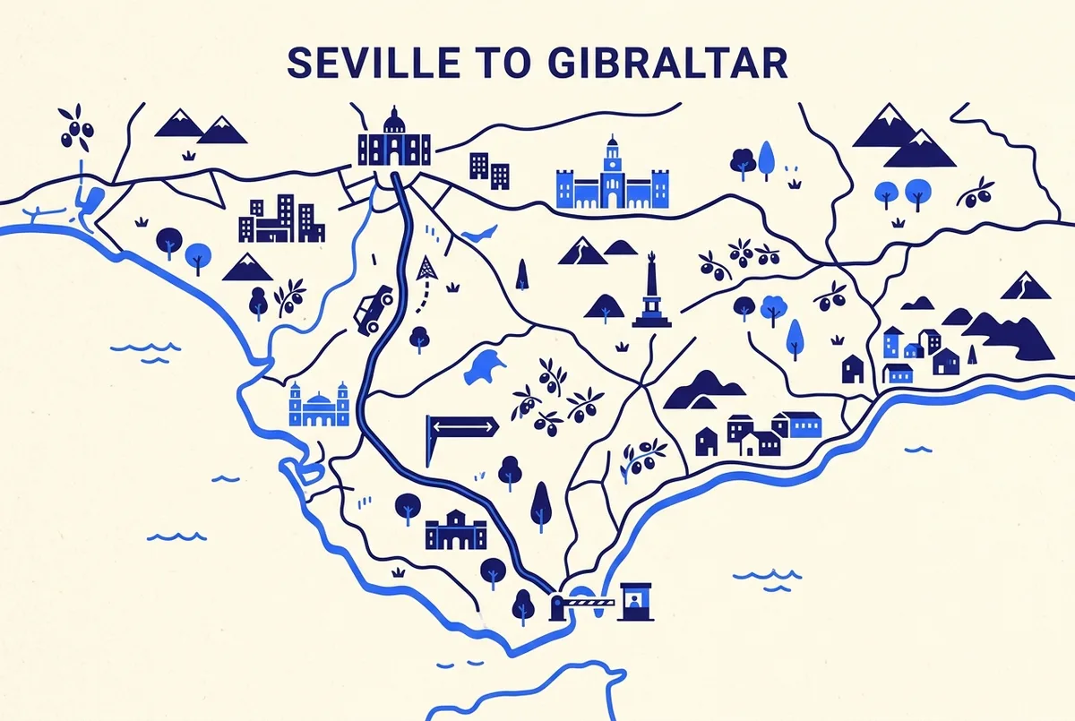 Simple route map showing the drive south from Seville to the Spain Gibraltar land border with a distance label and a generic border crossing icon, no prices or statistics