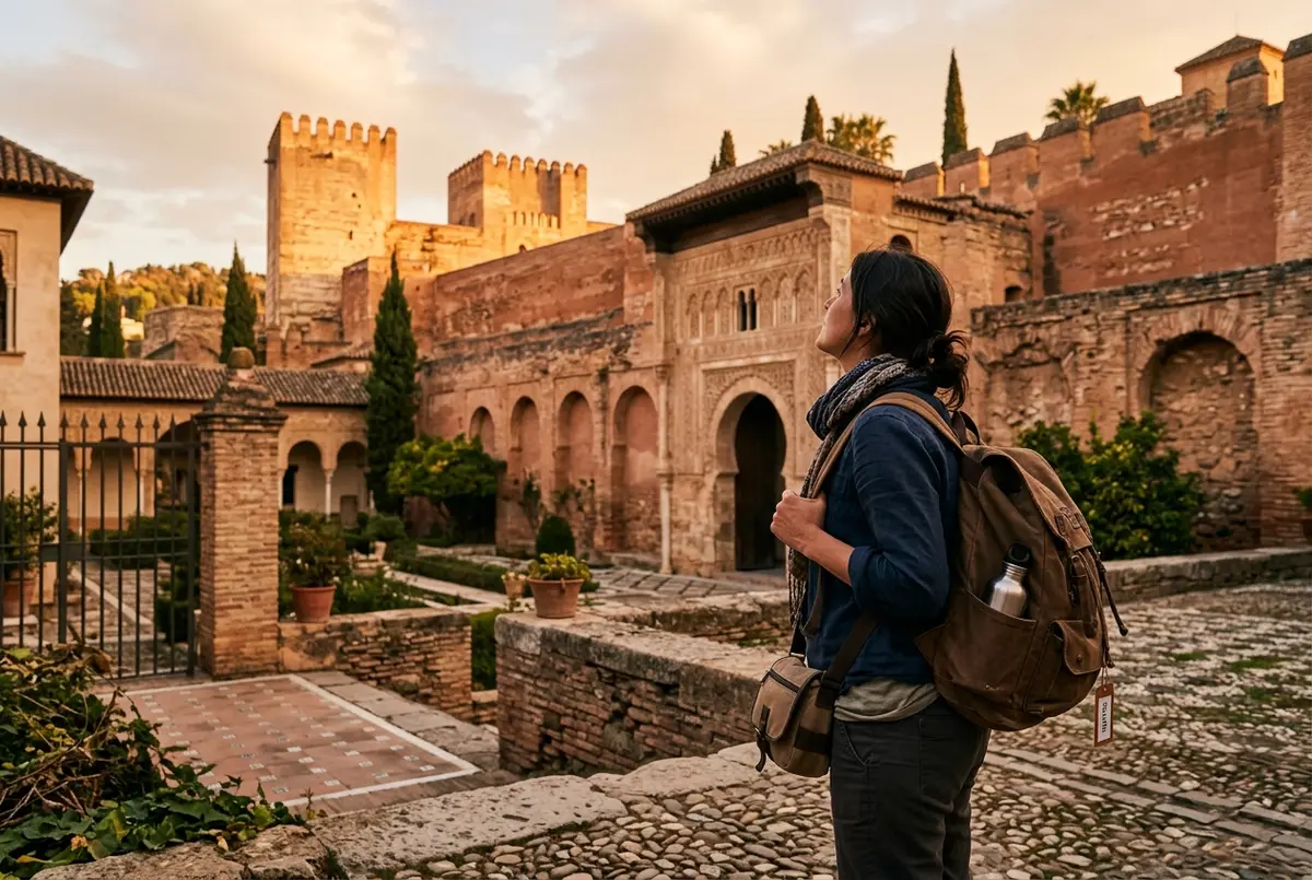Traveler gazing up at the reddish walls of the Alhambra in Granada at golden hour, tired but satisfied after a long seville day trip to granada