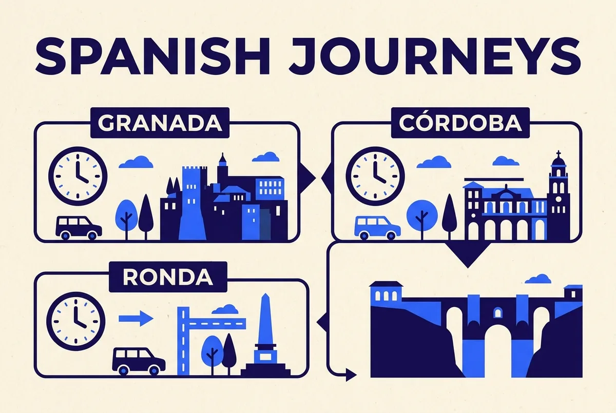 Simple infographic comparing approximate one way travel time from Seville to Granada, Córdoba and Ronda with a clock icon per destination, generic labels only, no prices