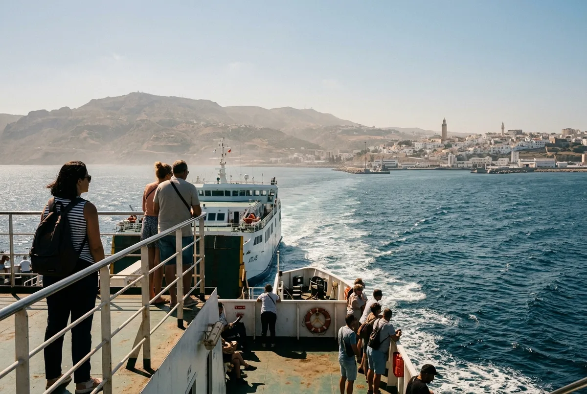 Ferry de passagers traversant le détroit de Gibraltar vers la côte marocaine avec Tanger visible au loin, brume de midi sur l'eau, ferry de sevilla a marruecos scène