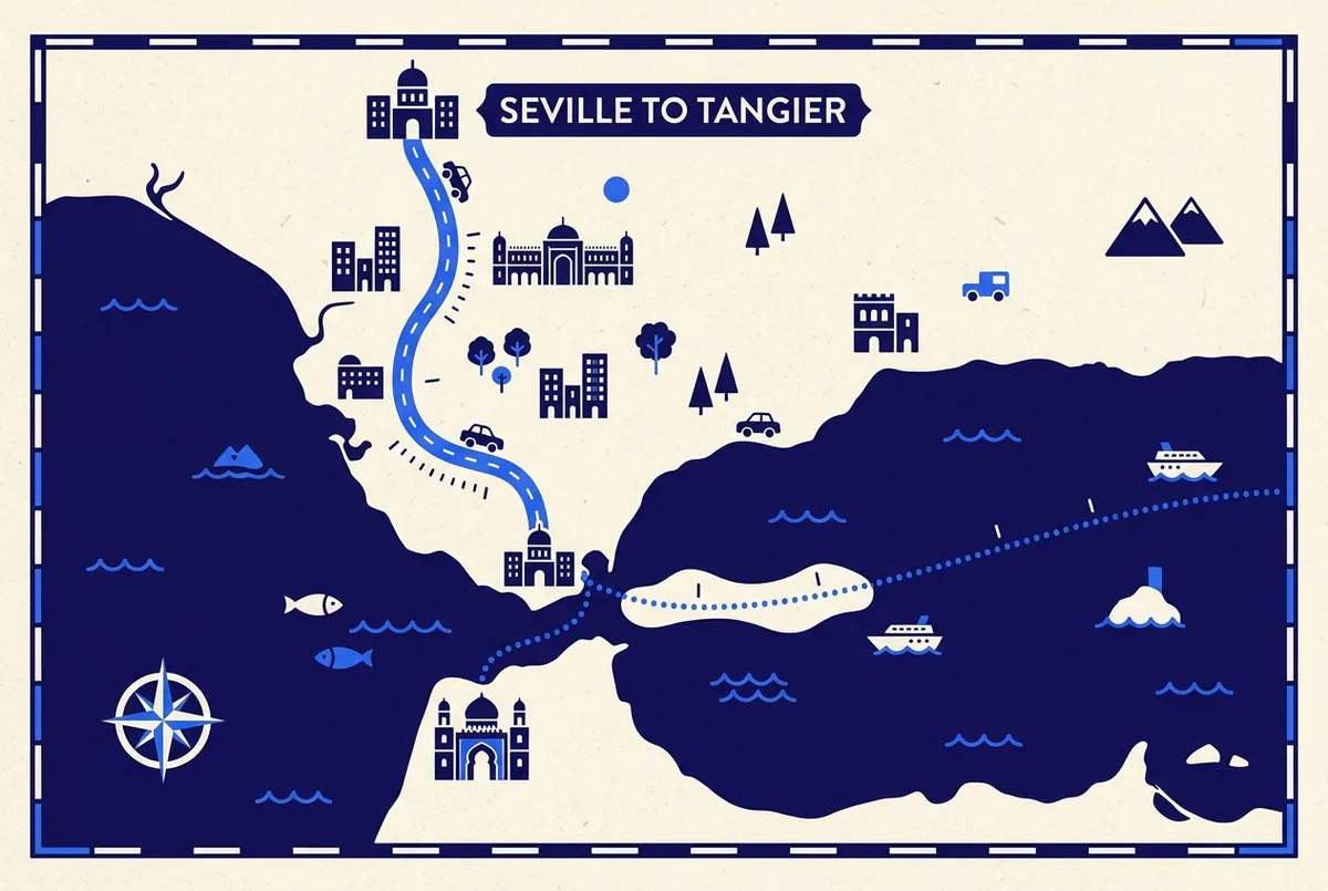 Carte simple du sud de l'Espagne montrant la route depuis Séville jusqu'à Tarifa et une ligne de traversée maritime vers Tanger au Maroc, étiquette de distance sur chaque tronçon, icônes génériques uniquement, sans prix, carte ferry de sevilla a marruecos