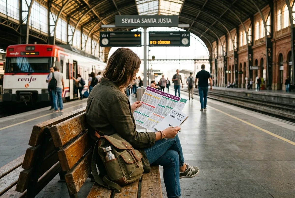 Traveler checking a paper train schedule on a bench at Seville Santa Justa station with a small day bag, early morning light, seville day trip itinerary