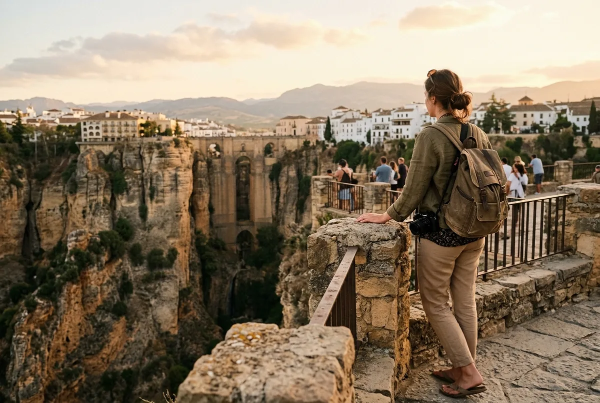 Traveler standing at a stone viewpoint overlooking Ronda's Puente Nuevo bridge spanning the deep gorge, midday sun, dramatic cliffside town, seville day trip to ronda