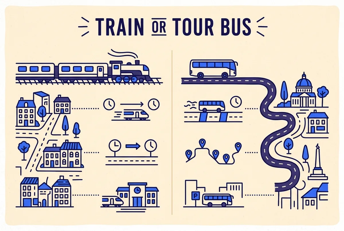 Simple infographic comparing train versus tour bus for a Seville to Ronda day trip: travel time, flexibility and drop off point, clean minimal icons, no prices