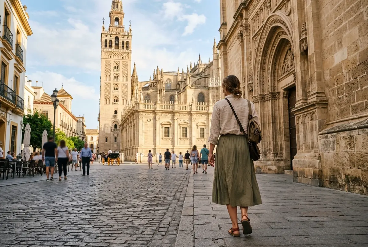 Traveler in a light linen shirt and knee length skirt walking past the Seville Cathedral's Giralda tower in warm afternoon light, modest seville dress code outfit