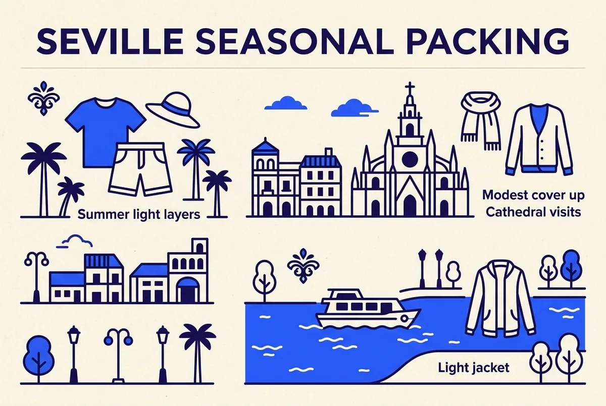 Simple seasonal packing checklist infographic for Seville showing icons for summer light layers, cathedral modest cover up, and a boat cruise light jacket, clean minimal style, no prices