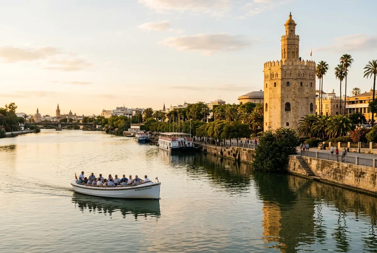 Piccola barca elettrica silenziosa che scivola davanti alla Torre del Oro sul Guadalquivir senza scia visibile né rumore di motore, scena crociera ecologica sul guadalquivir