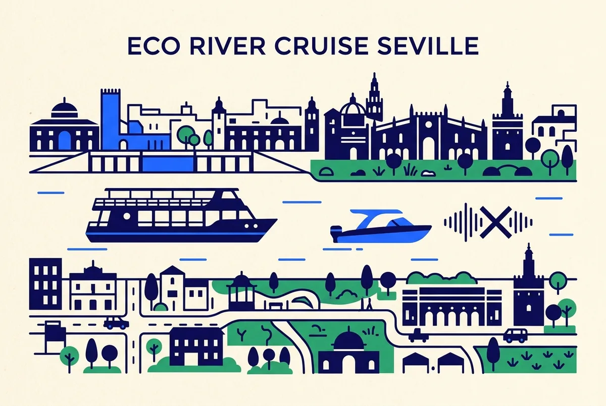 Confronto illustrato tra l'icona di una barca condivisa più grande e una piccola barca elettrica con un'onda sonora barrata, stile infografico minimale e pulito, etichette generiche, senza prezzi, scena crociera ecologica sul guadalquivir