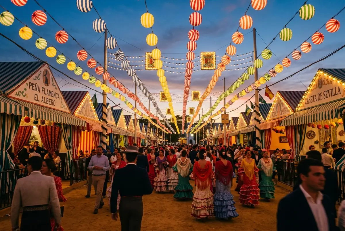 Colorful Feria de Abril striped tent lanterns strung above a Seville fairground street at dusk, traditional flamenco dress in the background, seville events celebration scene