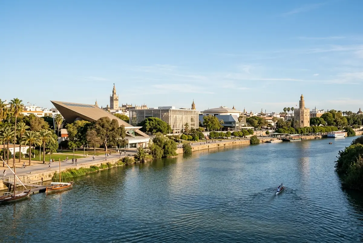 Wide shot of repurposed Expo 92 pavilion buildings along the Guadalquivir riverbank near La Cartuja in Seville under clear daytime light, seville expo 92 pavilions scene