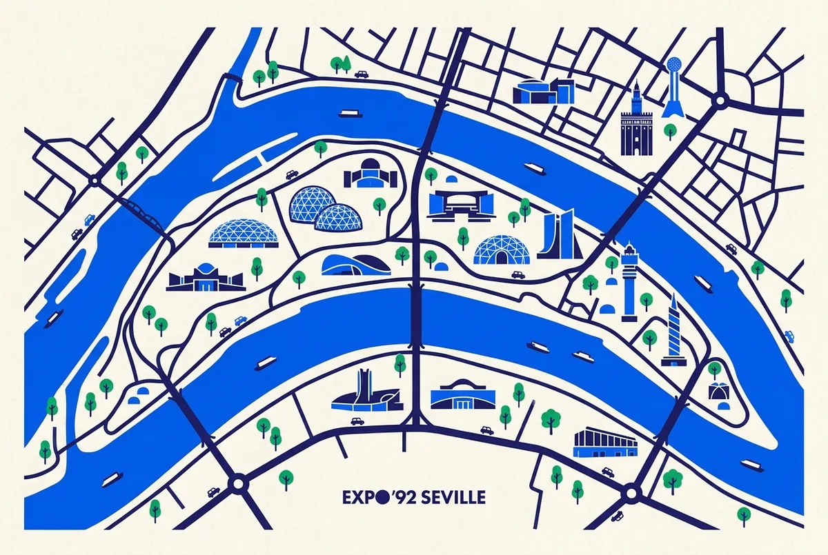 Simple illustrated map of the Isla de la Cartuja riverbank in Seville marking the former Expo 92 pavilion sites with generic building labels, clean minimal map style, no prices or statistics, expo 92 seville river map