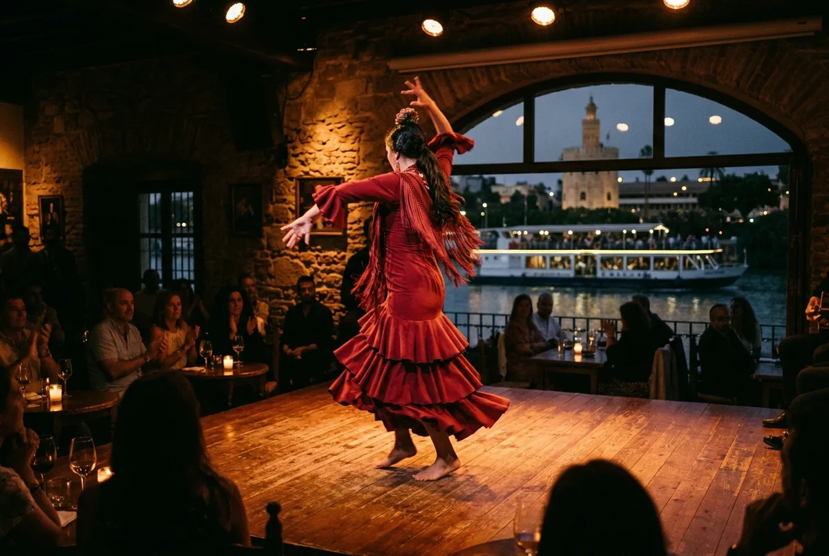 Danseuse de flamenco en robe rouge sur une petite scène éclairée en soirée avec en arrière-plan une silhouette de bateau de croisière sur le fleuve au crépuscule, scène croisière flamenco guadalquivir