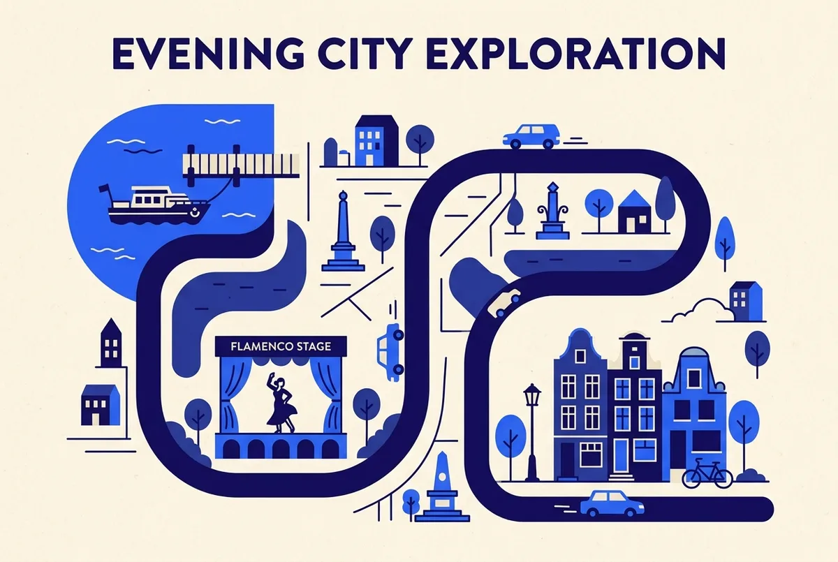 Infografia sencilla de itinerario con iconos genericos para un muelle junto al rio, un escenario de flamenco y una calle de barrio etiquetados como un plan de noche, estilo ilustracion minimalista y limpia, sin precios, plan de noche crucero con flamenco guadalquivir