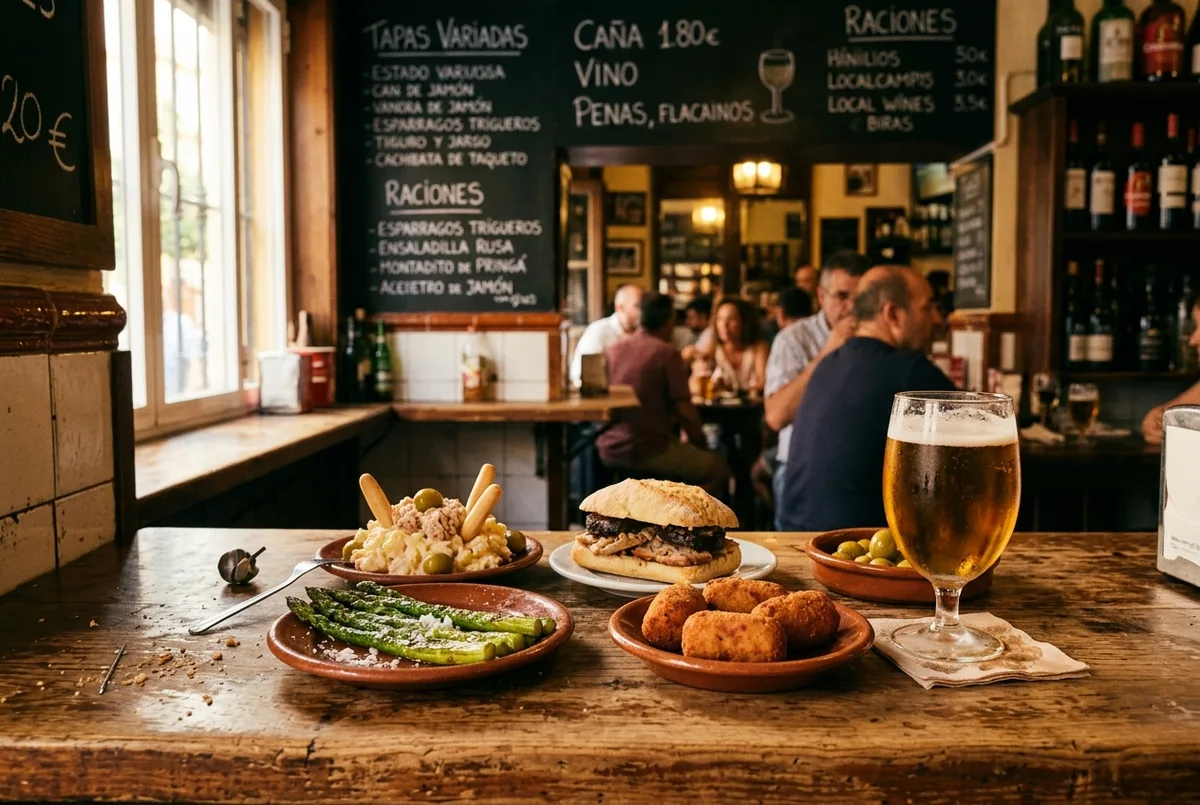 Small plates of tapas and a glass of chilled cana beer on a wooden bar counter in a traditional Seville neighborhood bar, warm evening light, seville prices food and drink scene