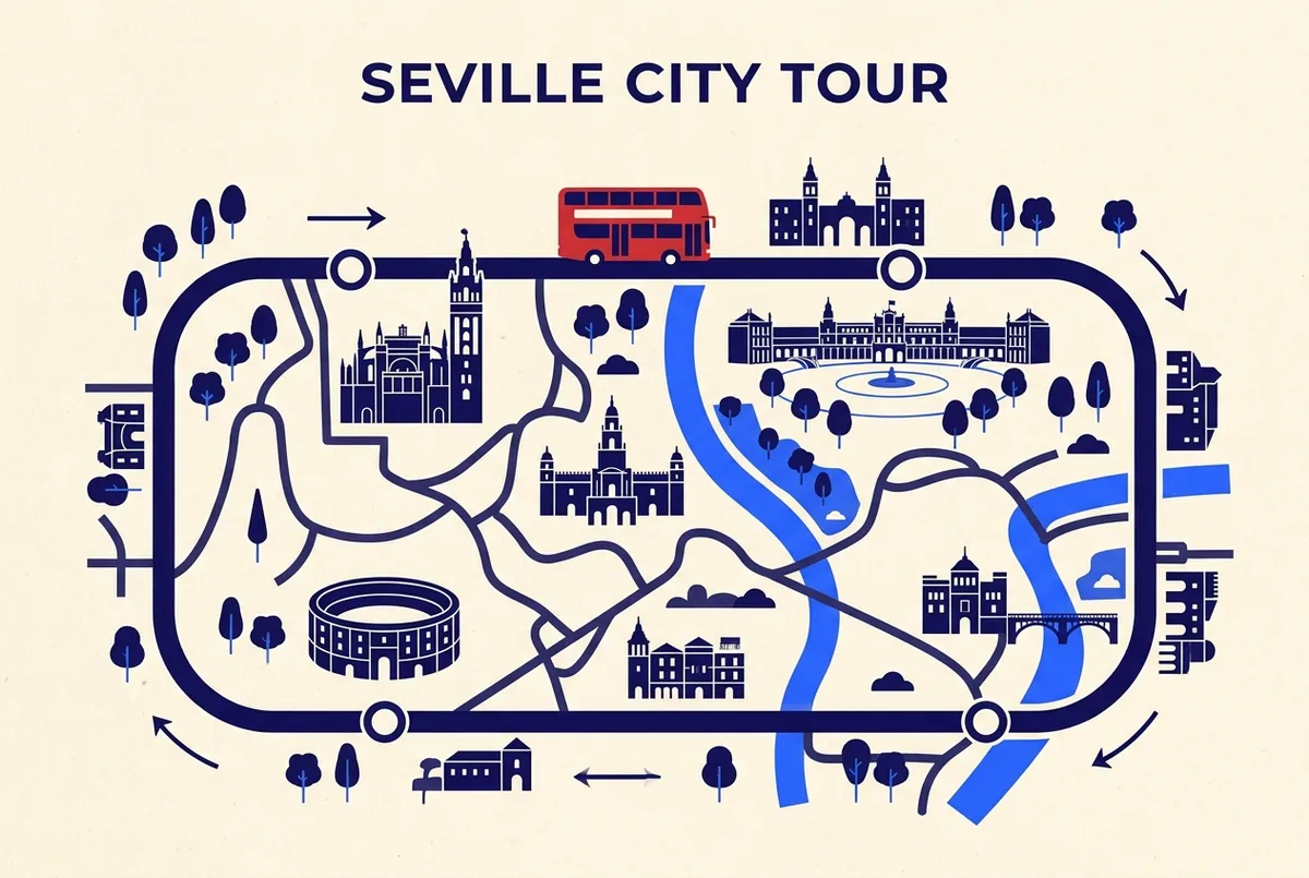 Infografia sencilla de mapa de ruta mostrando el circuito del bus turistico con iconos de parada en la Catedral, la Plaza de España, la plaza de toros y Triana, estilo ilustracion minimalista y limpia, sin precios, ruta city sightseeing sevilla paseo en barco