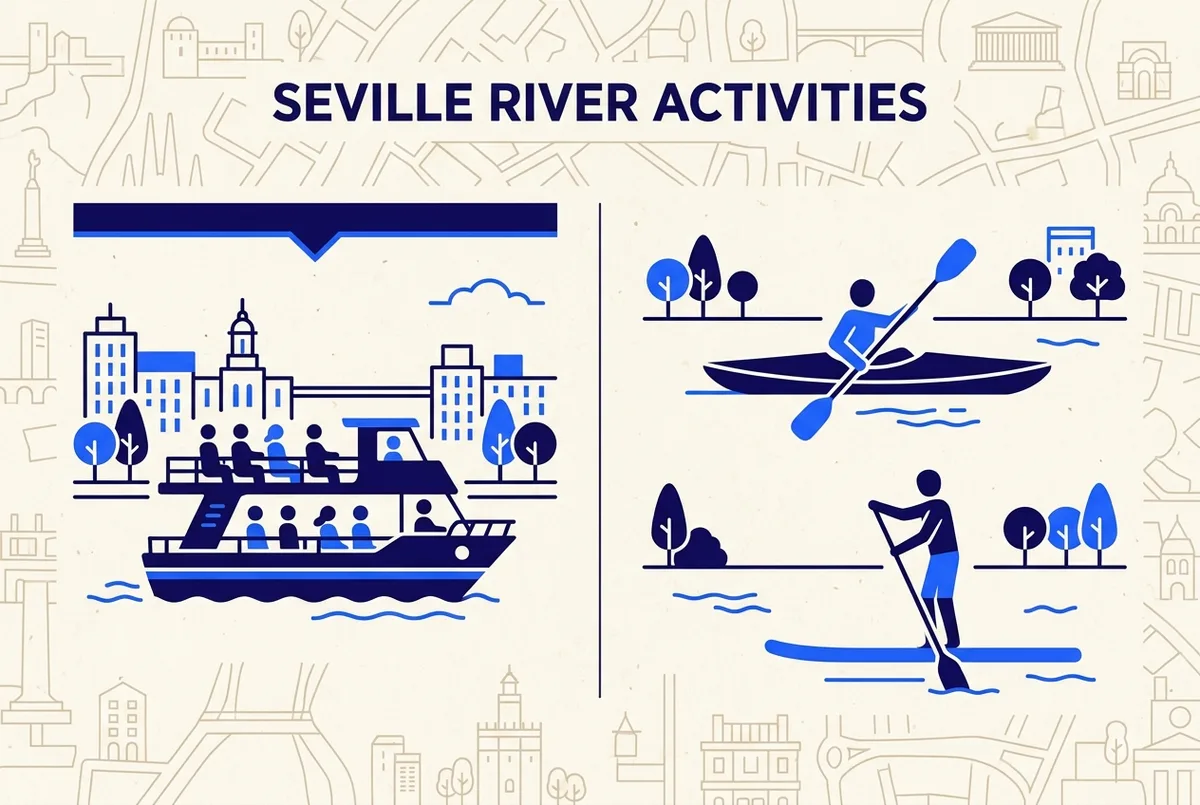 Simple side by side icon comparison of a seated cruise boat versus a kayak and a paddleboard, clean minimal infographic style, no prices or statistics, seville kayak tour activity comparison