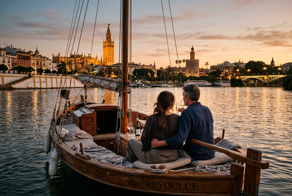 Couple relaxing on a small private boat on the Guadalquivir at dusk with the Seville skyline in the background, private boat tour seville scene