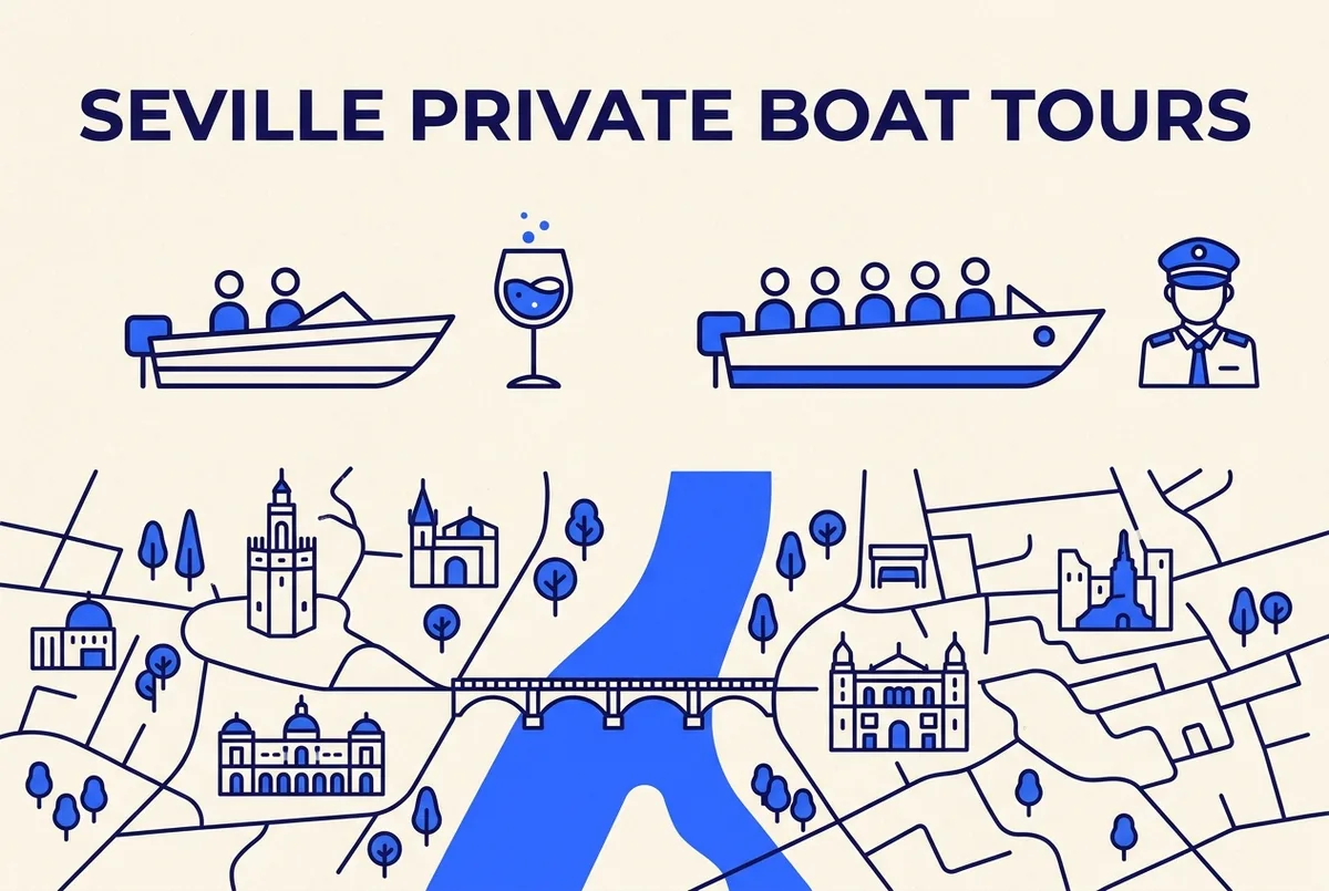 Simple comparison showing a two person boat with a wine glass icon beside a six person boat with a captain icon, clean minimal infographic style, no prices, private boat tour seville comparison