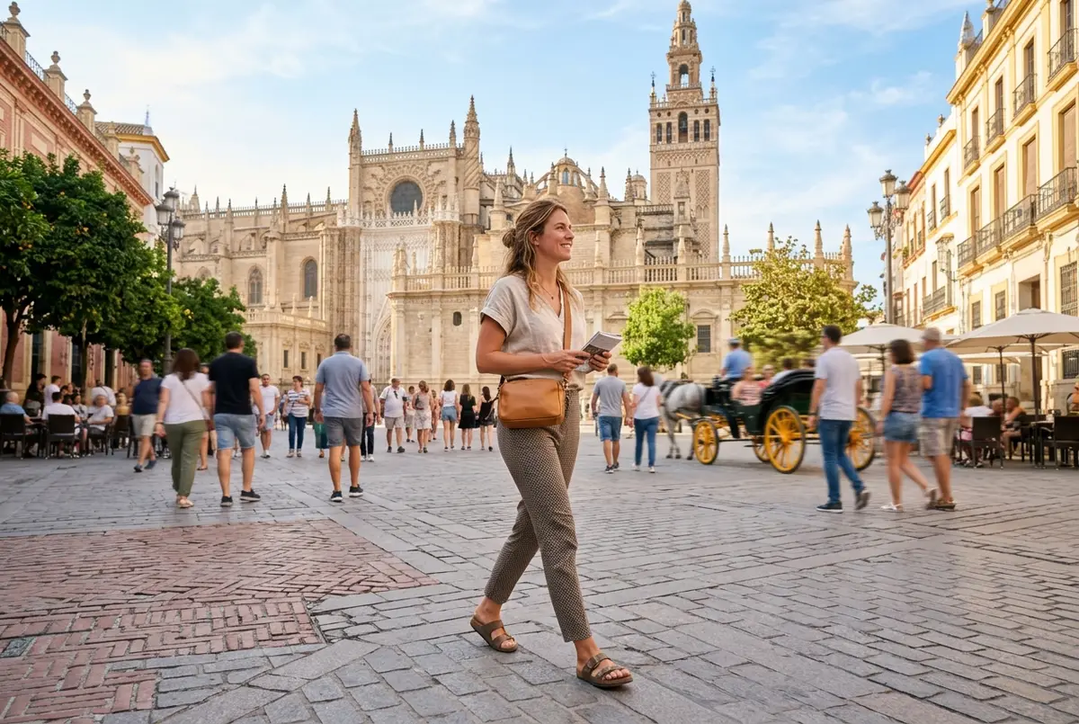 Relaxed traveler walking confidently through a bright, busy Seville plaza in daylight with a crossbody bag worn in front, is seville safe for tourists reassurance scene