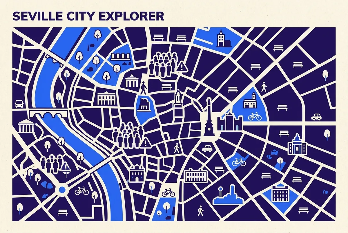 Simple reassurance infographic showing a daytime map of central Seville with a few crowded tourist spots marked with a small caution icon and the rest of the historic center marked calm, clean minimal style, no statistics