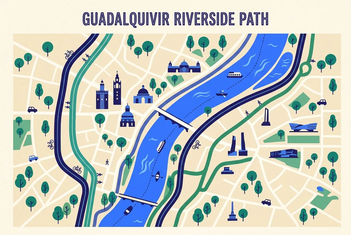 Simple route map showing the Guadalquivir riverside path on both banks with generic icons for a bike path, a walking path and a boat route, clean minimal illustration style, no prices